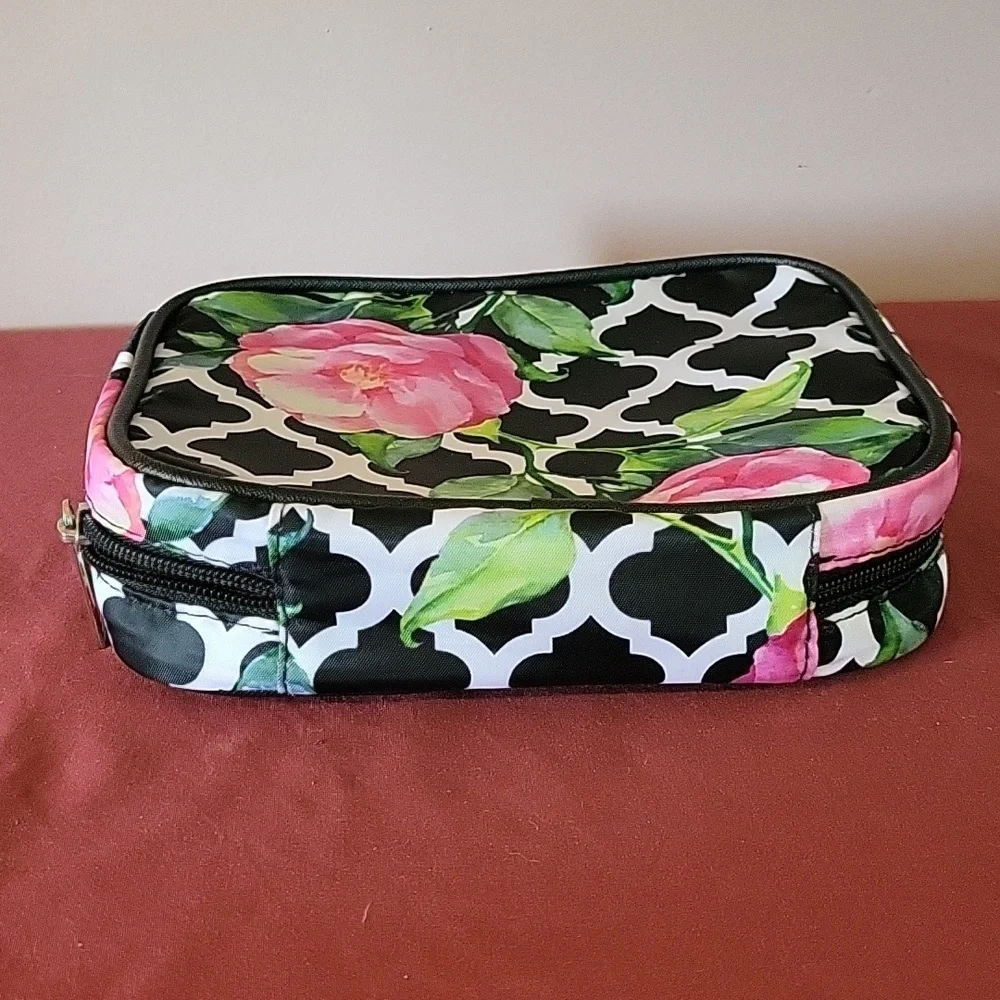 Modella Makeup Cosmetic Travel Bag Zippered Pouches Pink Black Floral